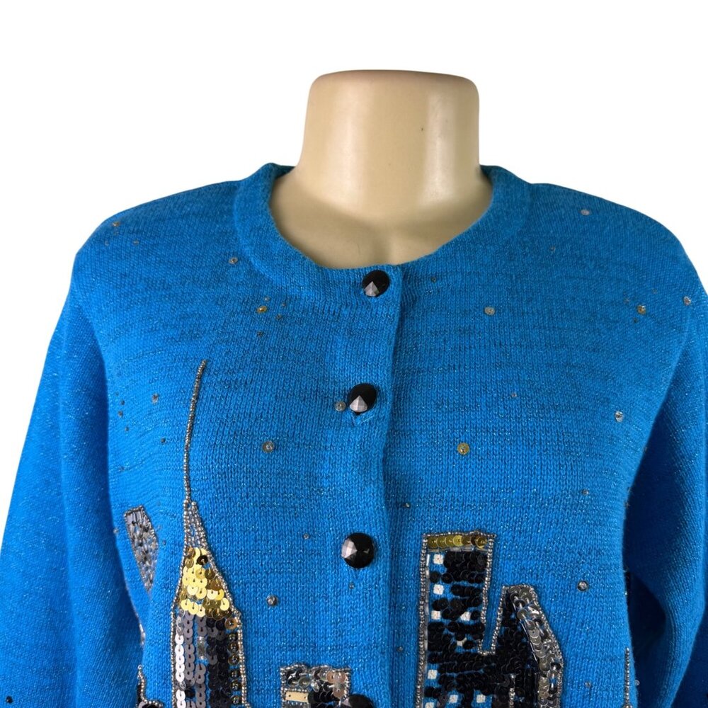 Design Options Womens Blue Button-Up Sequin Cardigan Skyline Embellished Sz L - Picture 6 of 10